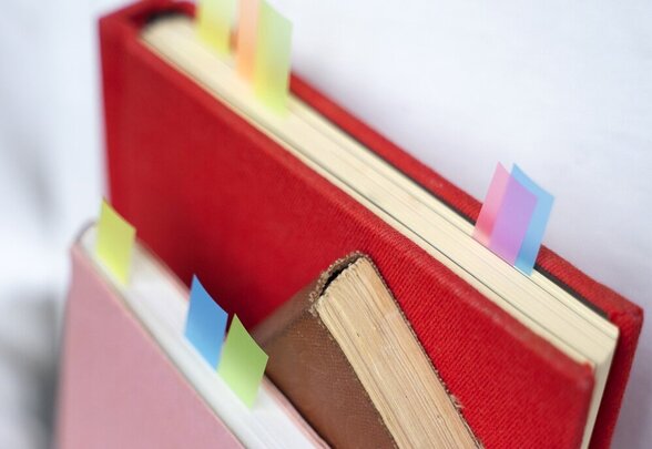 Pile de livres aux marque-pages colorés tenus entre les mains, prêts à être présentés et échangés - Agrandir l'image, fenêtre modale