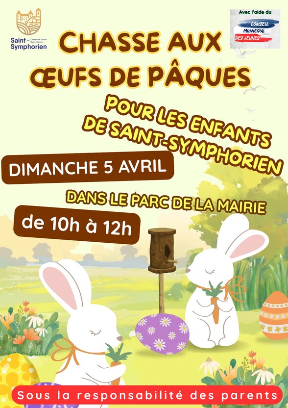 Affiche annonçant la chasse aux œufs dans le parc de la Mairie, avec le soutien du Conseil Municipal des Jeunes - Agrandir l'image, fenêtre modale