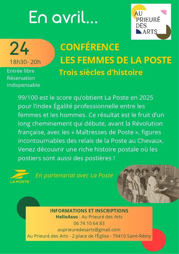 Affiche : conférence le 24 avril, 18h30-20h, au Prieuré des Arts à Saint-Rémy, en partenariat avec La Poste. - Agrandir l'image, fenêtre modale