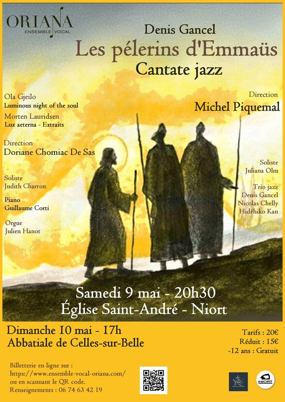 Affiche du concert Les Pélerins d'Emmaüs, cantate jazz – 9 mai 20h30 Église Saint-André Niort, 10 mai 17h Abbatiale de Celles-sur-Belle - Agrandir l'image, fenêtre modale