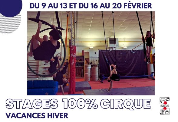 Stages 100% Cirque vacances hiver, du 9 au 13 et du 16 au 20 février : enfants pratiquant le cerceau aérien et le tissu - Agrandir l'image, fenêtre modale