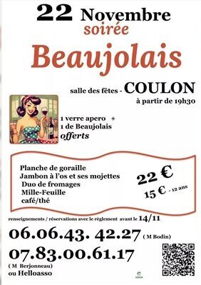 Affiche de la soirée Beaujolais du 22 novembre, salle des fêtes de Coulon à 19h30, menu à 22€ (15€ -12 ans) - Agrandir l'image, fenêtre modale
