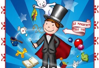 Affiche avec François Demené : jeune magicien en cape rouge entouré d'accessoires de magie, slogan « Le magicien c'est toi » - Agrandir l'image, fenêtre modale