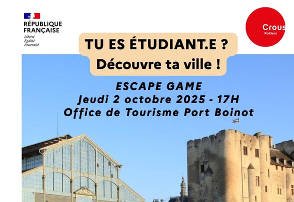 Affiche du Crous Poitiers pour un escape game étudiant à Niort, le 2 octobre 2025 à 17h - Agrandir l'image, fenêtre modale