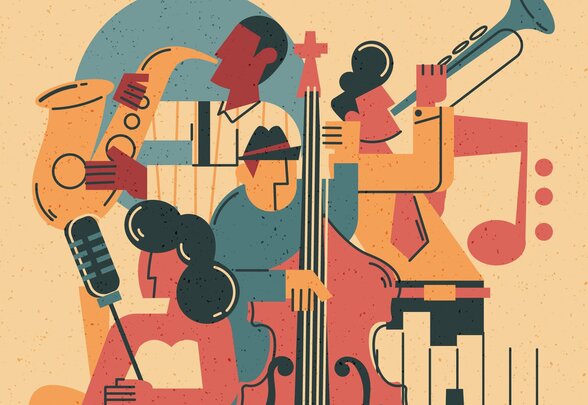 Affiche Jazz Day avec des musiciens stylisés jouant contrebasse, trompette et saxophone - Agrandir l'image, fenêtre modale