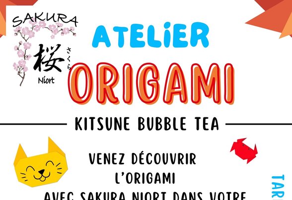Affiche Sakura Niort : découverte de l'origami ouverte à tous, figurines pliées colorées, contact sakura.niort@gmail.com - Agrandir l'image, fenêtre modale