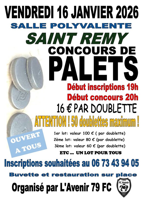 Affiche organisée par L'Avenir 79 FC, vendredi 16 janvier, salle polyvalente, lots de 100 €, 80 € et 60 € par doublette, ouvert à tous - Agrandir l'image, fenêtre modale