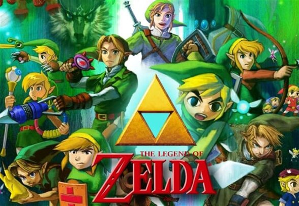 Affiche rassemblant les multiples incarnations de Link issues de différents opus de la saga, avec la Triforce dorée au centre - Agrandir l'image, fenêtre modale