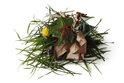 Tontes de gazon, feuilles mortes et végétaux mélangés formant un tas de déchets verts compostables