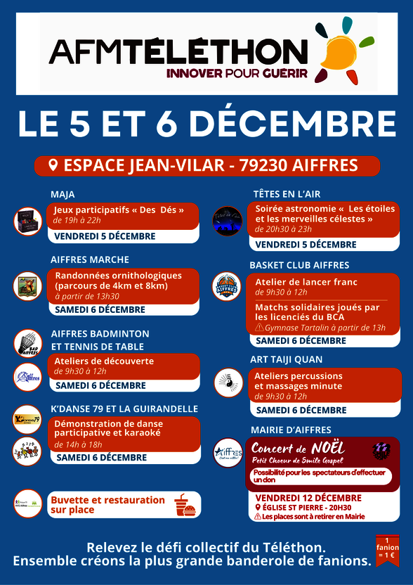 Affiche programme des animations associatives pour le Téléthon, Espace Jean-Vilar, 5 et 6 décembre - Agrandir l'image, fenêtre modale