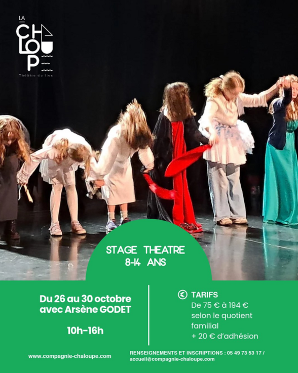 Affiche du stage de théâtre 8-14 ans de la Compagnie Chaloupe avec des enfants sur scène