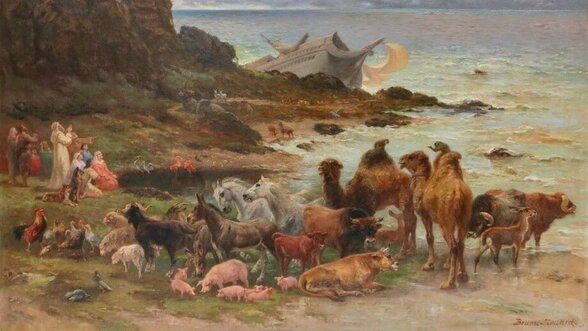 Animaux domestiques et sauvages rassemblés sur un rivage rocheux, groupe de personnages à gauche, grand voilier échoué en arrière-plan - Agrandir l'image, fenêtre modale
