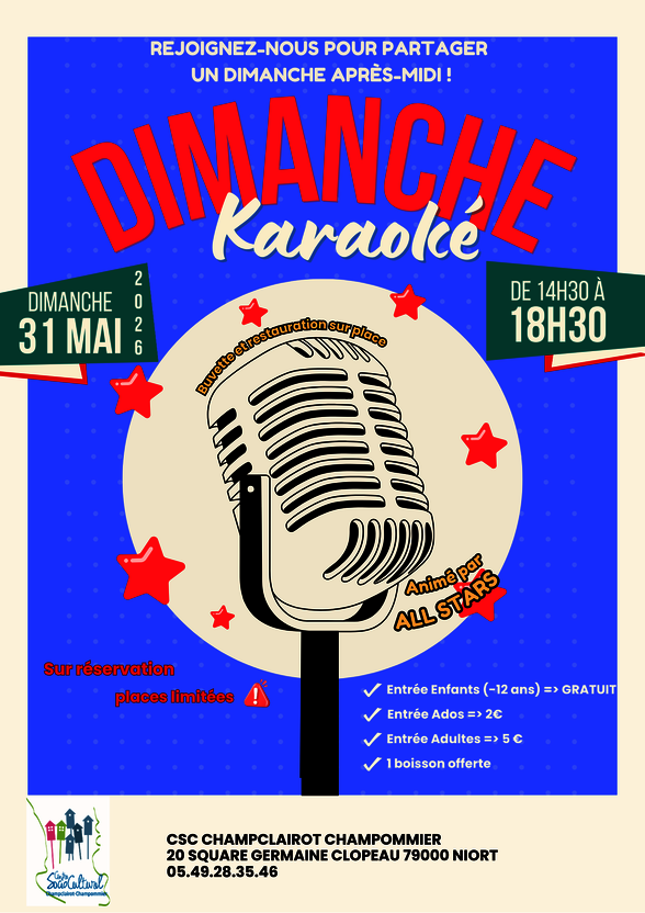 Affiche du Dimanche Karaoké animé par All Stars, le 31 mai 2026 de 14h30 à 18h30, 1 boisson offerte. - Agrandir l'image, fenêtre modale