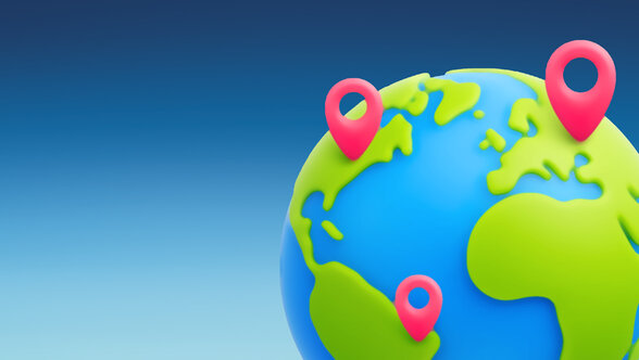 Globe terrestre 3D stylisé avec trois épingles de localisation roses plantées sur les continents - Agrandir l'image, fenêtre modale