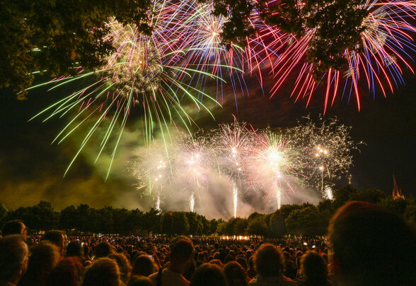 Feu d'artifice multicolore illuminant le ciel nocturne devant une foule nombreuse aux jardins de la Brèche - Agrandir l'image, fenêtre modale