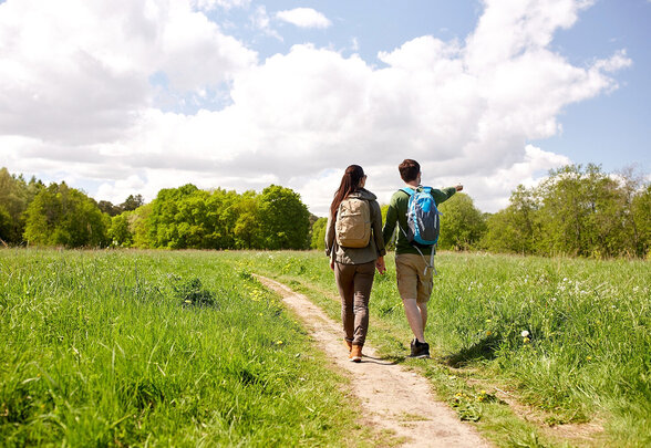 Deux marcheurs portant des sacs à dos s'avancent sur un sentier de prairie, l'un d'eux désigne l'horizon - Agrandir l'image, fenêtre modale