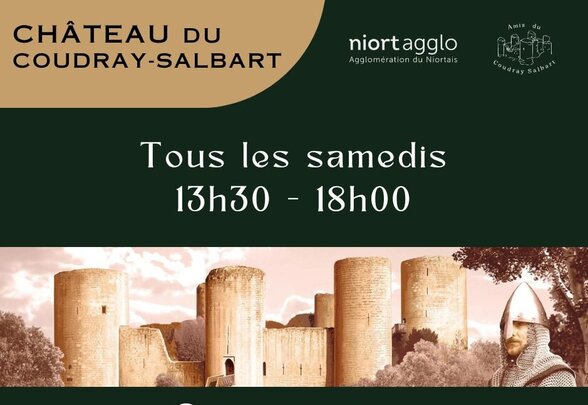 Affiche d'ouverture exceptionnelle du Château du Coudray-Salbart, avec rendu du château médiéval et d'un chevalier en armure - Agrandir l'image, fenêtre modale