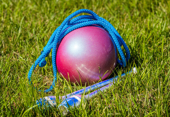 Ballon rose de gym rythmique et corde à sauter bleue posés dans l'herbe - Agrandir l'image, fenêtre modale