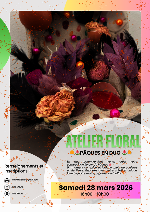 Composition de fleurs séchées, plumes et perles dans une boîte à œufs. Atelier le samedi 28 mars 2026, 16h-18h. - Agrandir l'image, fenêtre modale