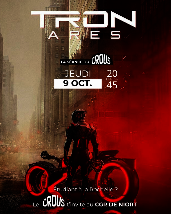 Personnage en combinaison futuriste devant une moto à néons rouges, affiche de la séance CROUS au CGR, 9 octobre à 20h45 - Agrandir l'image, fenêtre modale