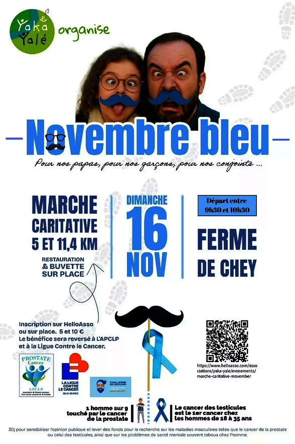Affiche Yaka Yalé : dimanche 16 novembre, Ferme de Chey, départ 9h30-10h30, au profit de l'APCLP et de la Ligue Contre le Cancer - Agrandir l'image, fenêtre modale