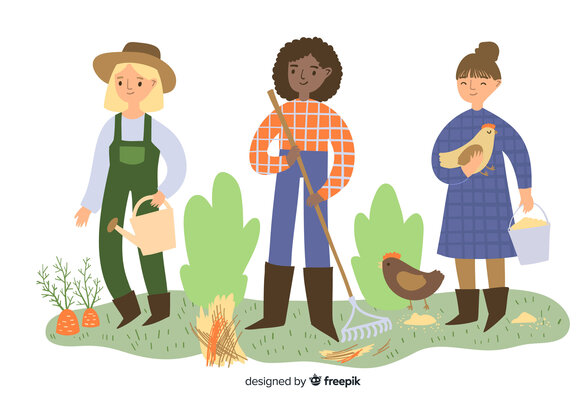 Trois femmes effectuant des activités agricoles : arrosage, râtelage et soin des poules dans un jardin - Agrandir l'image, fenêtre modale