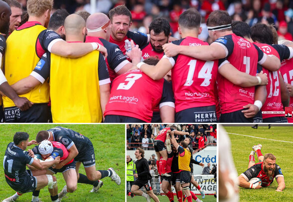 Collage de quatre scènes de match : regroupement d'équipe, plaquage, saut en touche et essai au sol. - Agrandir l'image, fenêtre modale