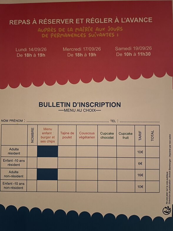 Bulletin d'inscription au repas de la Fête à La Rochénard avec tarifs et permanences de réservation