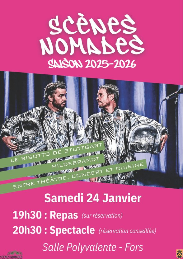Affiche Scènes Nomades saison 2025-2026 : deux artistes en combinaison spatiale argentée, samedi 24 janvier, Salle Polyvalente de Fors - Agrandir l'image, fenêtre modale
