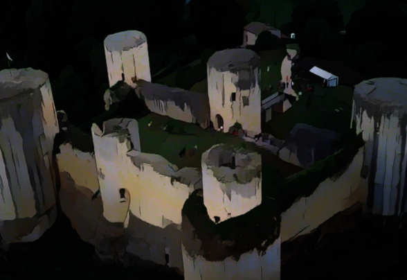 Le château du Coudray-Salbart en surplomb aérien, avec ses six tours cylindriques en pierre et ses remparts herbus - Agrandir l'image, fenêtre modale