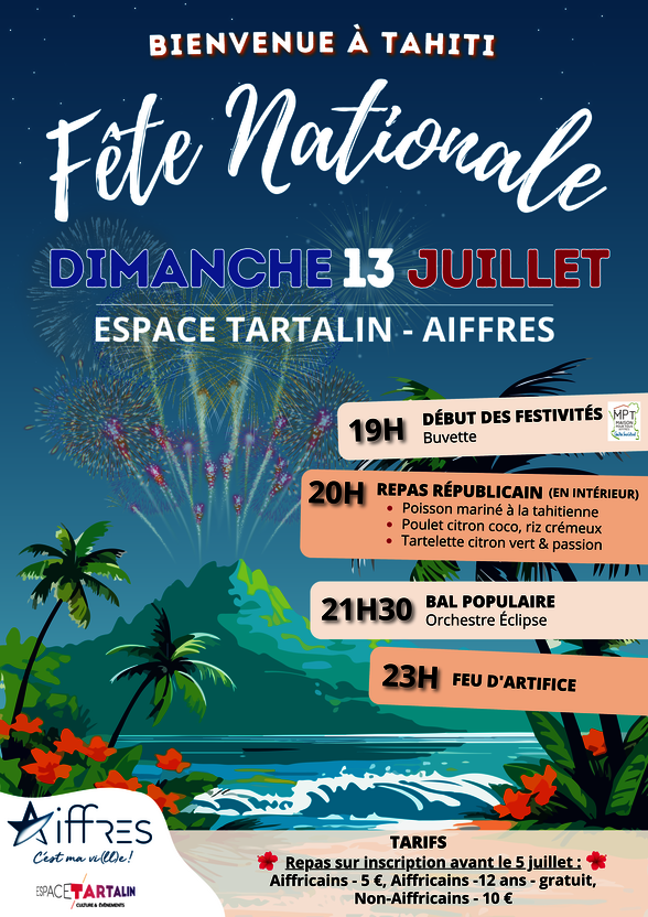 Programme détaillé : festivités 19h, repas républicain 20h, bal populaire 21h30, feu d'artifice 23h ; repas de 5 à 10 € - Agrandir l'image, fenêtre modale
