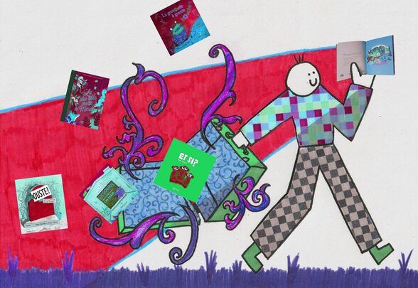 Personnage joyeux brandissant des albums jeunesse entouré de livres volants et d'arabesques colorées évoquant l'imaginaire enfantin - Agrandir l'image, fenêtre modale