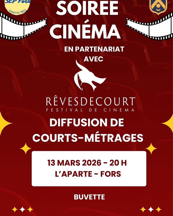 Affiche : soirée cinéma en partenariat avec le festival Rêves de Court – 13 mars 2026 à 20 h, buvette sur place - Agrandir l'image, fenêtre modale