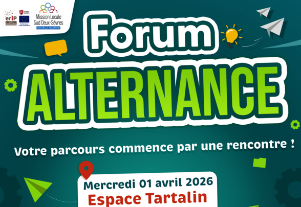 Affiche officielle du Forum Alternance : Espace Tartalin à Aiffres, +500 offres du CAP au BAC+5, tous secteurs - Agrandir l'image, fenêtre modale