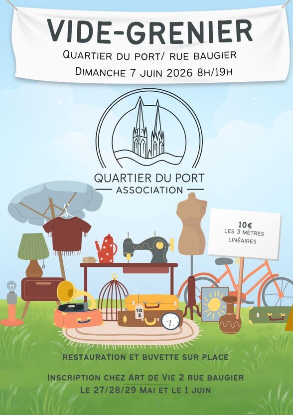 Affiche de l'Association Quartier du Port illustrant des objets de brocante : vélo, machine à coudre, gramophone, valises. - Agrandir l'image, fenêtre modale