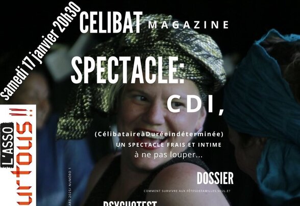 Affiche façon couverture de magazine « Célibat Magazine », comédienne en costume, samedi 17 janvier à 20h30 - Agrandir l'image, fenêtre modale