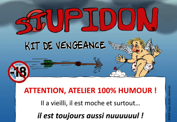 Affiche humoristique : Cupidon caricatural et colérique brandissant une flèche, rendez-vous le 14 février 2026 - Agrandir l'image, fenêtre modale