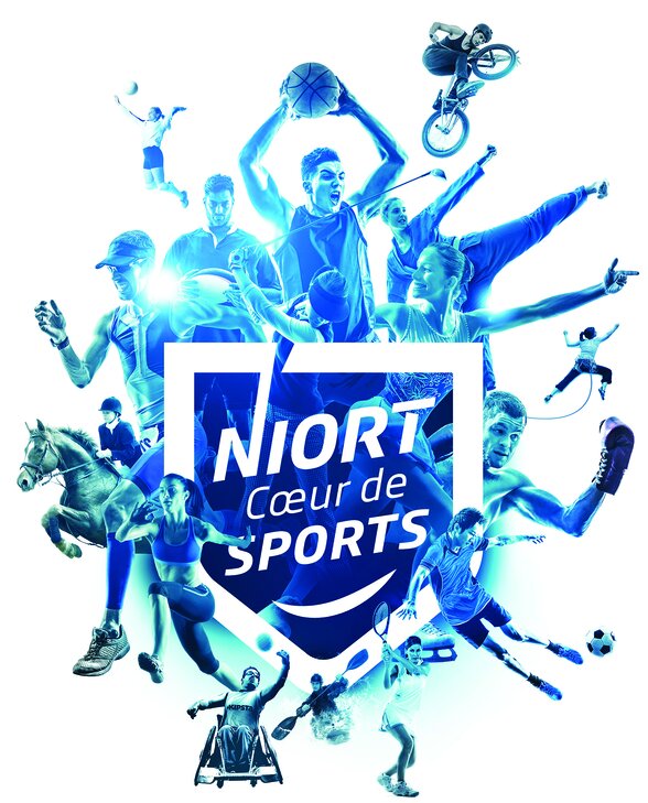Blason « Niort Cœur de Sports » entouré de sportifs pratiquant diverses disciplines : basket, BMX, tennis, équitation, athlétisme… - Agrandir l'image, fenêtre modale