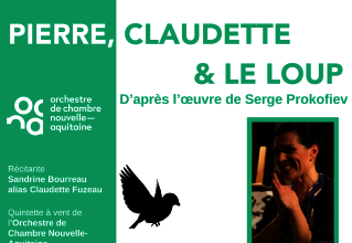 Affiche du spectacle d'après Prokofiev, avec la récitante Sandrine Bourreau et silhouettes des personnages - Agrandir l'image, fenêtre modale