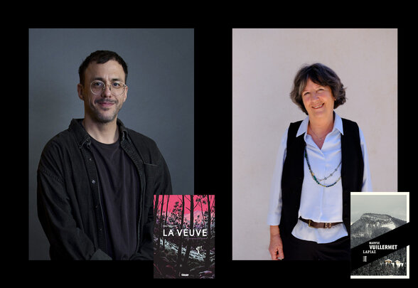 Glen Chapron, illustrateur, et Maryse Vuillermet, auteure, présentant leurs ouvrages « La Veuve » et « Lapiaz » - Agrandir l'image, fenêtre modale