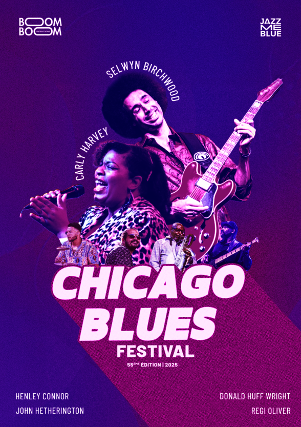 Affiche 2025 avec Selwyn Birchwood à la guitare et Carly Harvey au micro, entourés des artistes de la programmation - Agrandir l'image, fenêtre modale