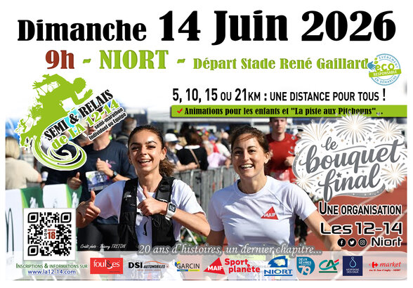 Affiche : dimanche 14 juin 2026, 9h, Stade René Gaillard, Niort – distances 5, 10, 15 ou 21 km - Agrandir l'image, fenêtre modale