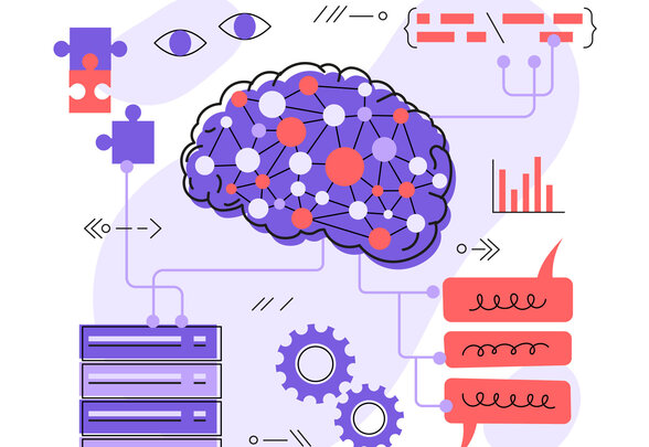Cerveau numérique représentant un réseau de neurones artificiel, relié à des serveurs, engrenages, graphiques et bulles de dialogue - Agrandir l'image, fenêtre modale