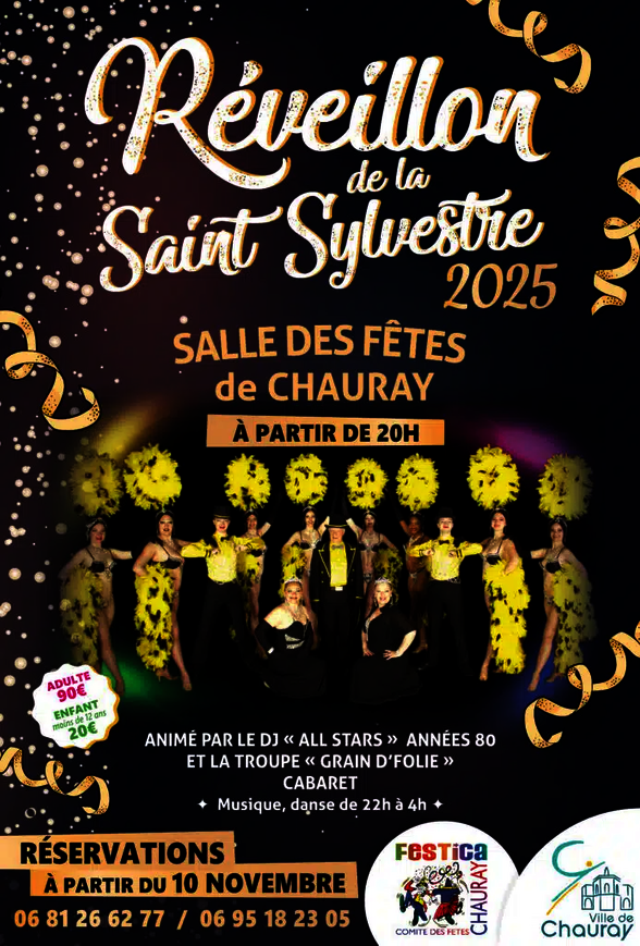 Affiche de la soirée cabaret avec la troupe en costumes à plumes jaunes et noirs, réservations à partir du 10 novembre - Agrandir l'image, fenêtre modale