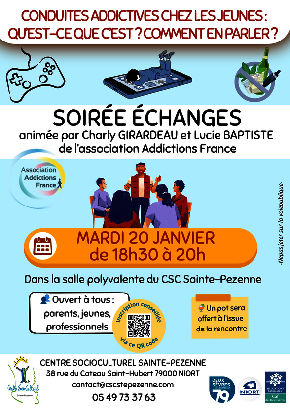 Affiche : mardi 20 janvier, 18h30-20h, salle polyvalente du CSC Sainte-Pezenne, 38 rue du Coteau Saint-Hubert, 79000 Niort. - Agrandir l'image, fenêtre modale