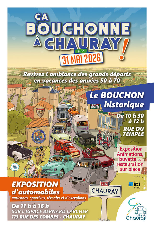 Affiche : bouchon historique le 31 mai 2026 rue du Temple, exposition d'automobiles anciennes Espace Bernard Larcher - Agrandir l'image, fenêtre modale