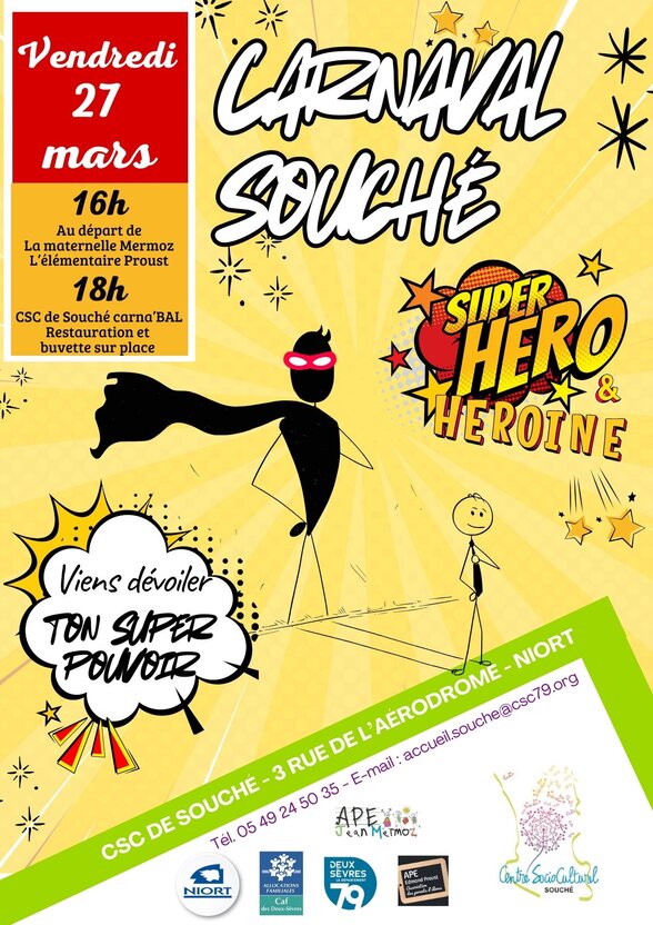 Affiche illustrée sur fond jaune : personnages en cape de super-héros style BD, avec horaires du défilé (16h) et du Carna'BAL (18h) - Agrandir l'image, fenêtre modale