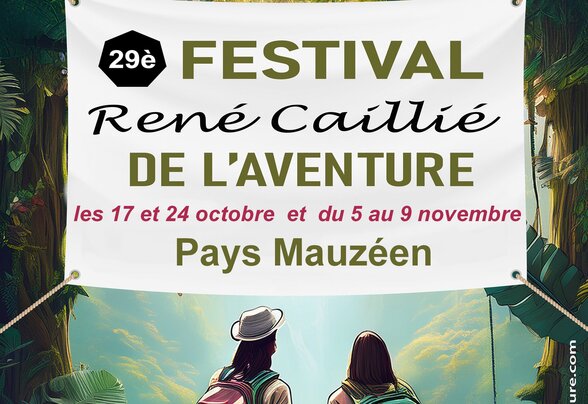 Affiche de la 29e édition — deux aventuriers de dos face à une jungle, projections en présence des réalisateurs - Agrandir l'image, fenêtre modale