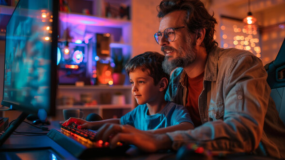 Un parent sourit en accompagnant son enfant devant un ordinateur gaming dans un espace aux lumières colorées - Agrandir l'image, fenêtre modale