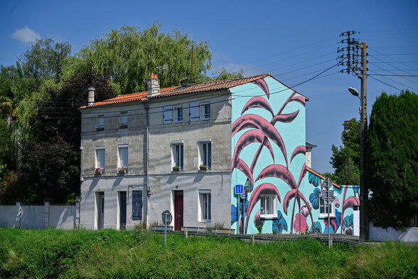 Fresque murale aux motifs botaniques roses et bleus couvrant le pignon d'un immeuble, quai Métayer à Niort - Agrandir l'image, fenêtre modale